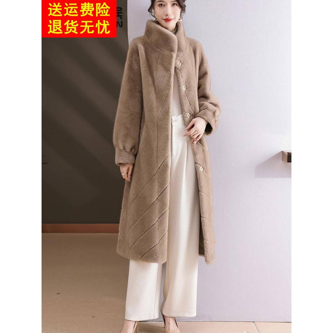 2025冬季环保长款过膝水貂毛大衣气质女士皮毛一体水貂绒皮草外套