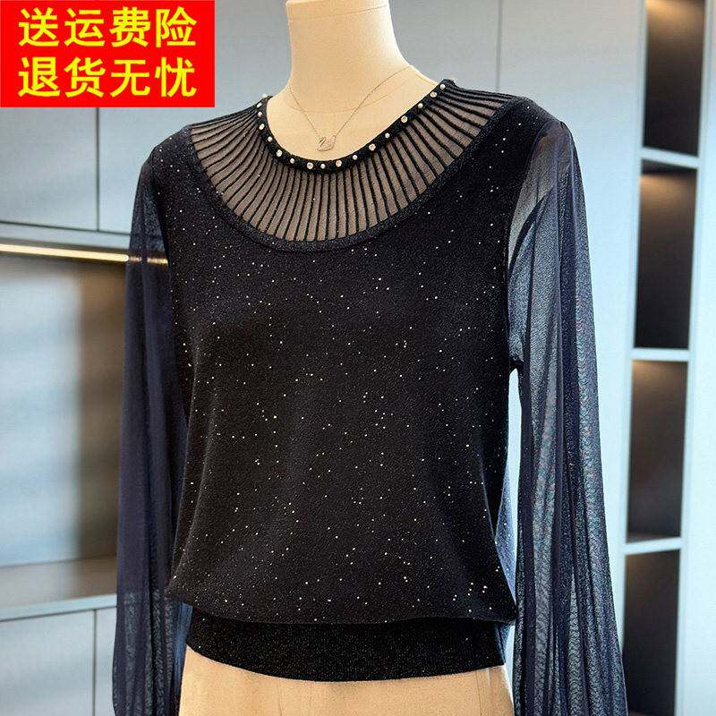 时尚洋气雪纺拼接针织衫女妈妈装秋装新款上衣气质百搭中老年小衫