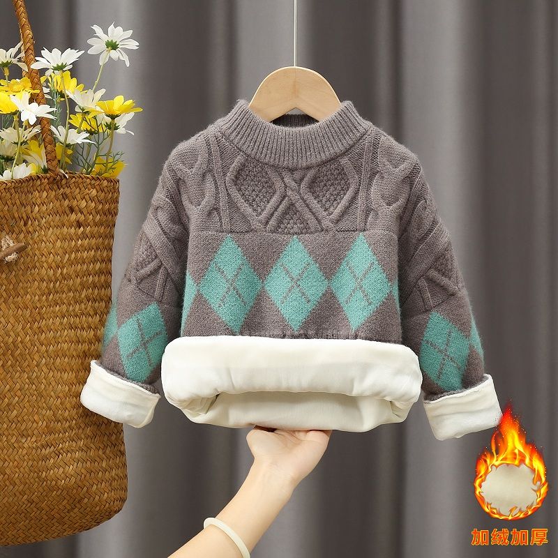 男童毛衣2025新款韩版儿童格子套头针织衫秋冬加绒加厚百搭中大童