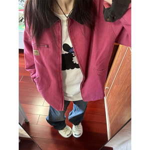 美式复古撞色翻领工装外套女秋冬款小个子宽松显瘦高级感夹克上衣