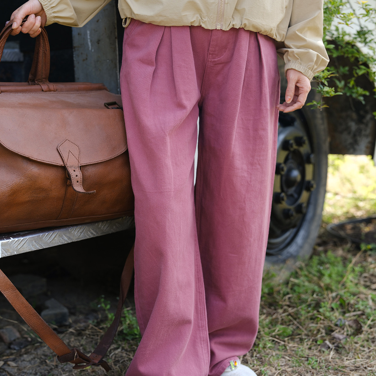 远家纯棉柔软垂坠休闲裤阔腿裤树莓色纯色百搭斜纹长裤f