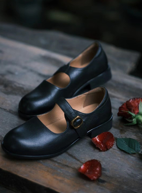 远家水染植鞣牛皮玛丽珍鞋复古法式小皮鞋一字扣软底单鞋W-641限