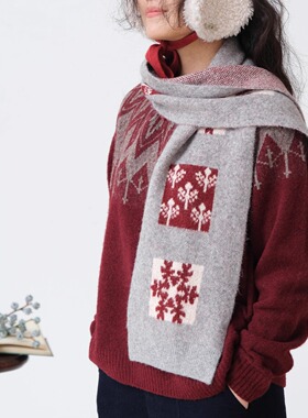 远家 糯米绒圣诞围巾防寒百搭保暖针织提花礼物围脖 冬新Y-609限