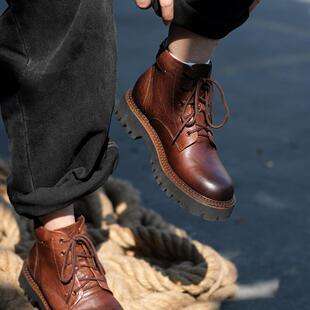 远家意大利进口水洗牛皮马丁靴红棕复古文艺中筒靴保暖鞋 587限