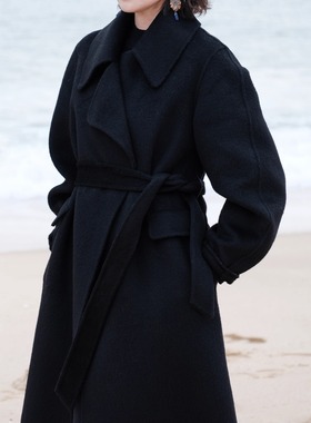 远家 100%骆驼绒大衣翻领系带双面呢廓形保暖长款外套冬新F-169限