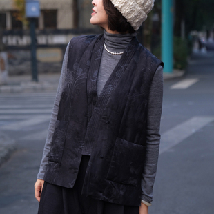 远家V领暗纹提花棉衣马甲 背心保暖HL5953限量 改良盘扣开衫