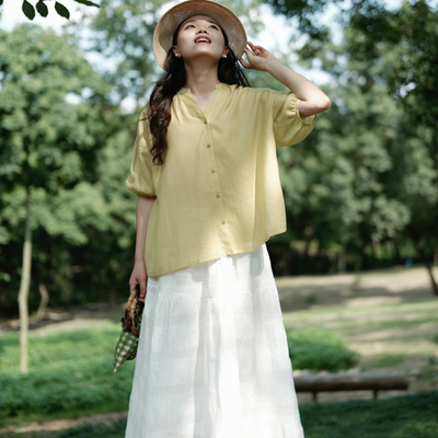 LF5621远家立领V领泡泡袖衬衣