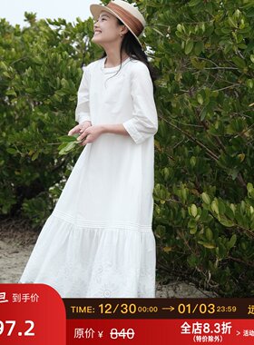 远家 纯棉白色连衣裙 简约休闲中袖绣花过膝长连衣裙春新LF5255限
