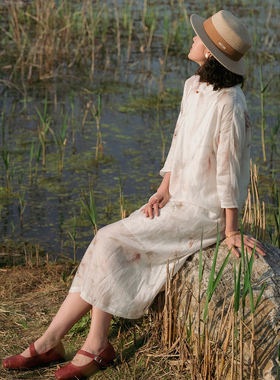 远家天丝亚麻水墨印花旗袍七分袖撞色盘扣小立领晕染袍子LL3896限