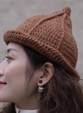 远家纯手工钩针毛线帽子保暖尖尖帽针织帽复古休闲百搭冬Y-291限