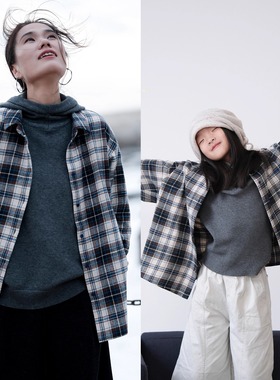 远家纯棉磨毛翻领格纹亲子款亲肤衬衫 宽松休闲长袖衬衣HF5961限