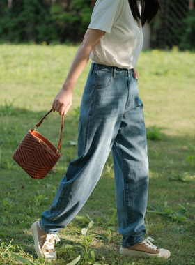 远家纯棉牛仔裤水洗牛仔蓝轻薄宽松休闲百搭复古长裤春新H-153 限