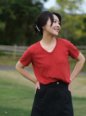 远家新疆海岛棉针织T恤V领复古休闲百搭长绒棉上衣夏新Y-317限