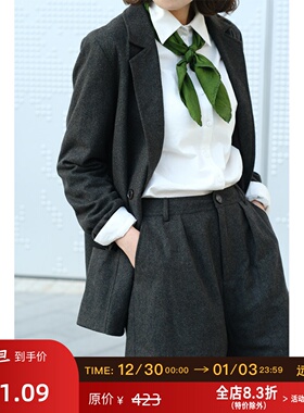 远家原创女装羊毛呢灰绿色西服短裤宽松休闲百搭西裤 春新LF663限