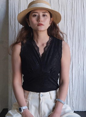 远家黑色V领蕾丝背心 打底单穿叠穿无胸垫内衣 W-807限量