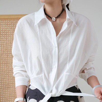 远家短款白色衬衫系带防晒上衣