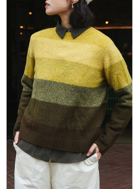 远家糯米绒森系渐变条纹毛衣圆领套头拼色针织衫2022秋H-149 限量