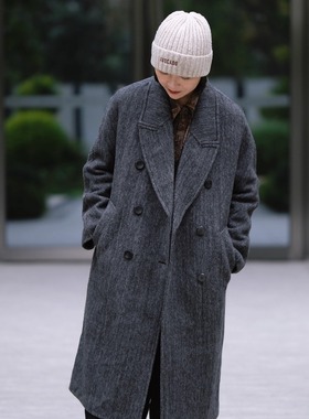 远家牦牛绒绵羊毛桑蚕丝双面呢枪驳领双排扣大衣长外套F-133限量