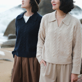 远家羊驼毛混纺绞花毛衣翻V领套头宽松休闲针织上衣春新H 167限量