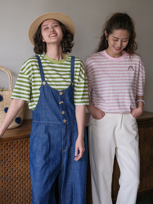 远家短袖薄款雪花肌理棉条纹衫