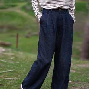707限 远家深蓝翻边牛仔裤 休闲百搭复古直筒宽松撞色显瘦阔腿裤