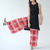 休闲百搭轻薄半内衬半松紧腰裙裤 远家 红色格子裤 夏新HL5500限