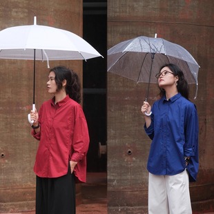 远家纯棉宽松小翻领休闲长袖衬衫复古钴蓝酒红叠穿衬衣LF5892限量