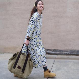 远家天丝亚麻蓝色水墨印花改良斜襟旗袍加绒长袍子连衣裙HL5207限