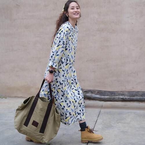 远家天丝亚麻蓝色印花加绒袍子