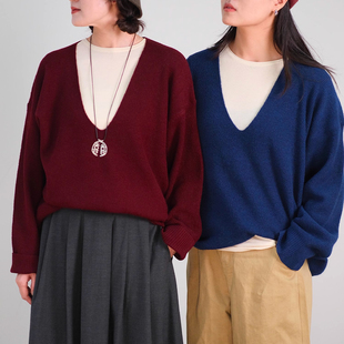 远家深V领毛衣大廓形简约百搭叠穿保暖复古软糯针织衫 269限 秋新Y