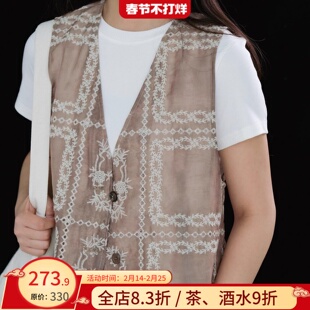 远家经典款 定制炒色工艺镂空绣花 复古风情马甲 V领背心LL5162