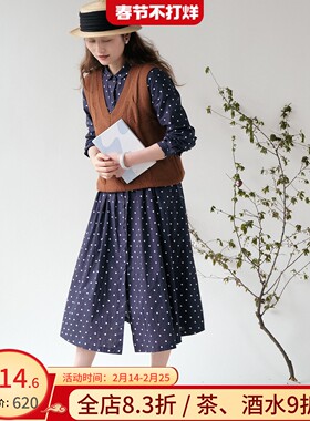 远家 彼得潘领纯棉波点连衣裙 复古中长衬衫裙子 春新 HL5320限量