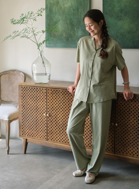 远家高支莫代尔棉柔滑翻领薄胸垫睡衣家居服套装绣花W-692限