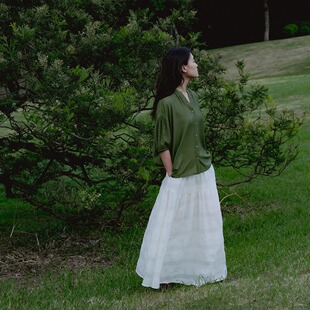 远家 半松紧腰白色半身裙 复古文艺肌理a字轻薄长裙夏新 HF5668限