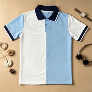 廊坊小学生夏季校服短袖上衣天蓝色拼白蓝领POLO衫宽松十五小班服