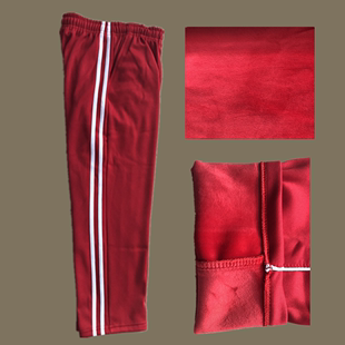 子红色白细条冬保暖加肥加大 大红色两道杠学生校服裤 校裤 加绒加厚