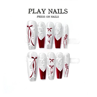 法式酒红色浮雕蝴蝶结蕾丝手工穿戴甲中长款梯形高级气质显白美甲