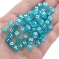 English Alphabet Beads 6X6Mm Hole Diameter 4mm Square Lake Blue & White 100 Pcs/Pack