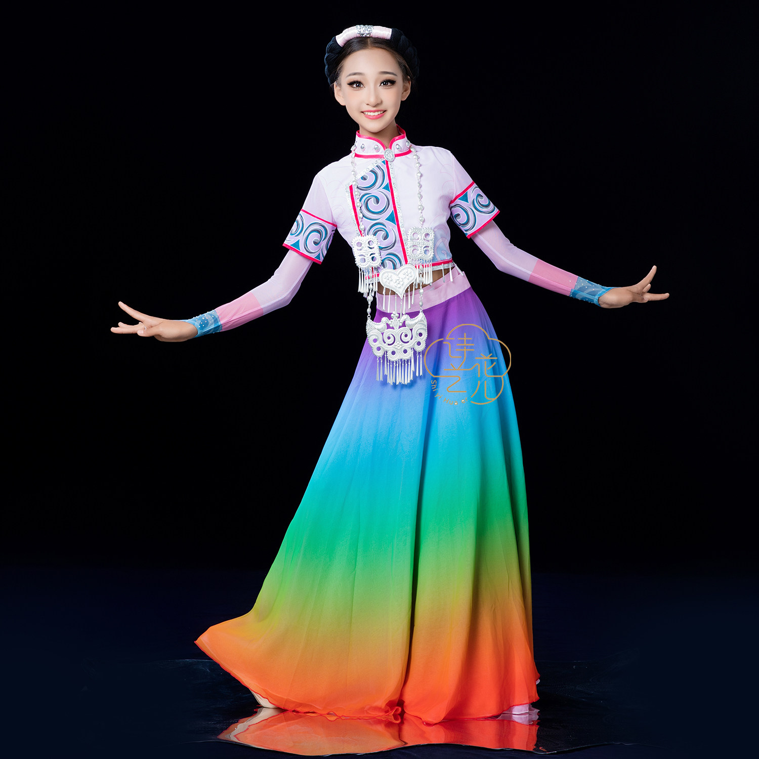新款彝族百褶五彩彝裳表演服艺考同款定制舞蹈服百褶五彩大摆裙