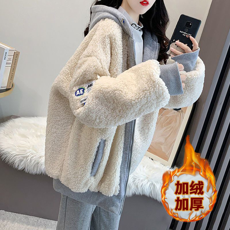 羊羔绒外套女2026秋冬新款宽松加绒学生百搭拼接假两件套连帽卫衣