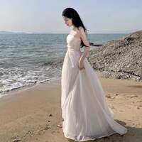 Tea break French chiffon white halter dress for women, a high-end and elegant summer dress for a seaside vacation, a fairy long dress thumbnail 3