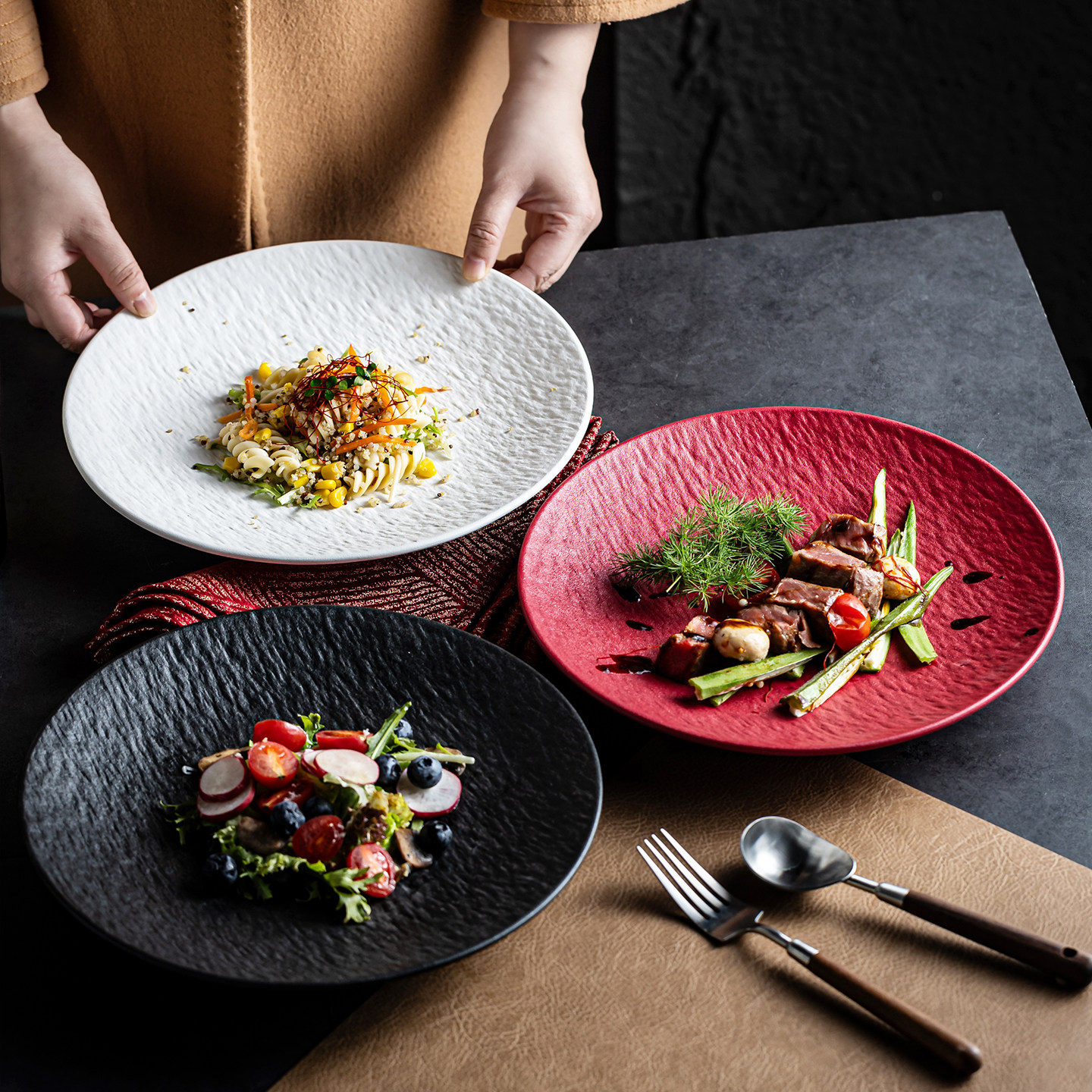 圆形平盘石纹高颜值陶瓷盘西餐盘点心盘西式餐厅音乐餐吧餐具碟盘