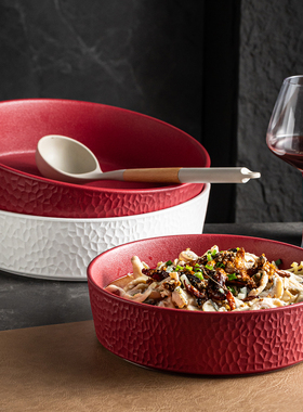 红色喜庆新款汤盆家用喜宴陶瓷盘大容量大号菜碗拌面盘捞汁海鲜盘