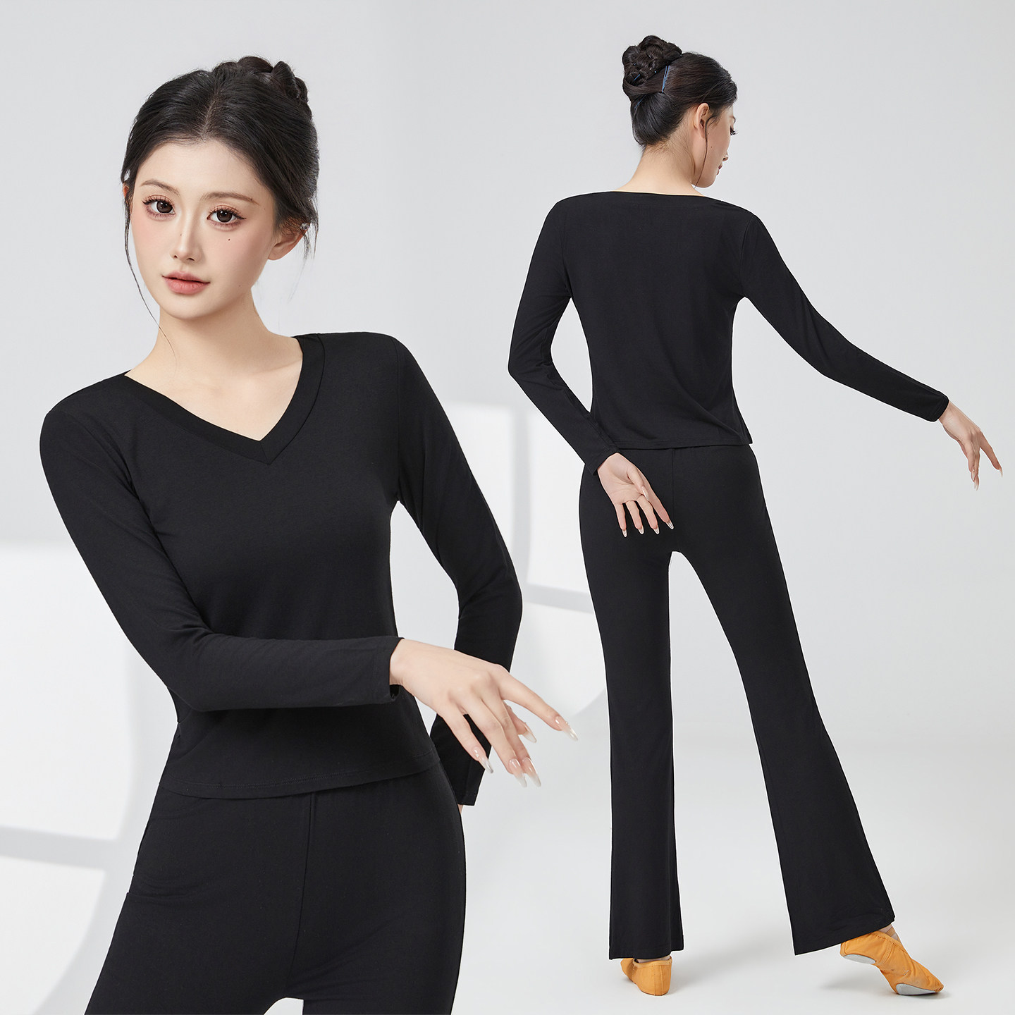 舞蹈练功服短袖上衣女成人莫代尔古典舞黑色形体服现代舞练习套装