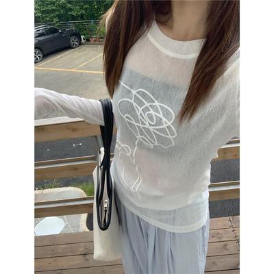 韩系慵懒松弛感长袖宽松薄款罩衫女夏季设计感半透视印花防晒上衣