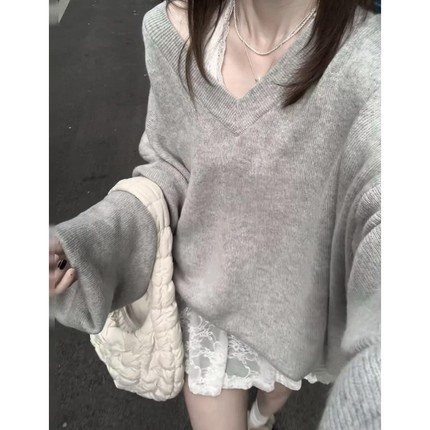 复古灰色v领针织衫毛衣女春秋新款内搭宽松慵懒风高级感长袖上衣
