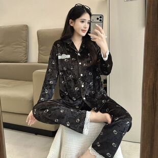 网红同款金丝绒睡衣女款春秋季新款高级感时尚黑色开衫家居服套装
