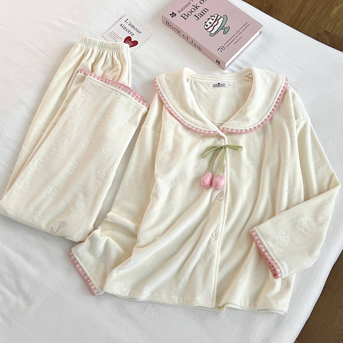 秋冬季压花海岛绒睡衣女开衫新款甜美时尚少女加绒保暖家居服套装,女士内衣/男士内衣/家居服,睡衣/家居服套装,淘宝优惠券,粉丝福利购,淘宝优惠卷