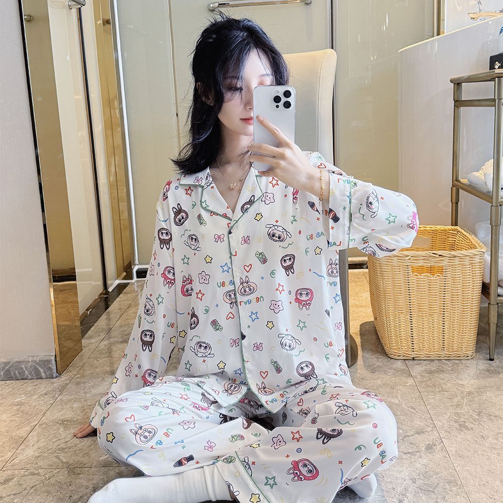 网红同款睡衣女冰丝长袖秋季新款卡通印花甜美时尚丝绸家居服套装