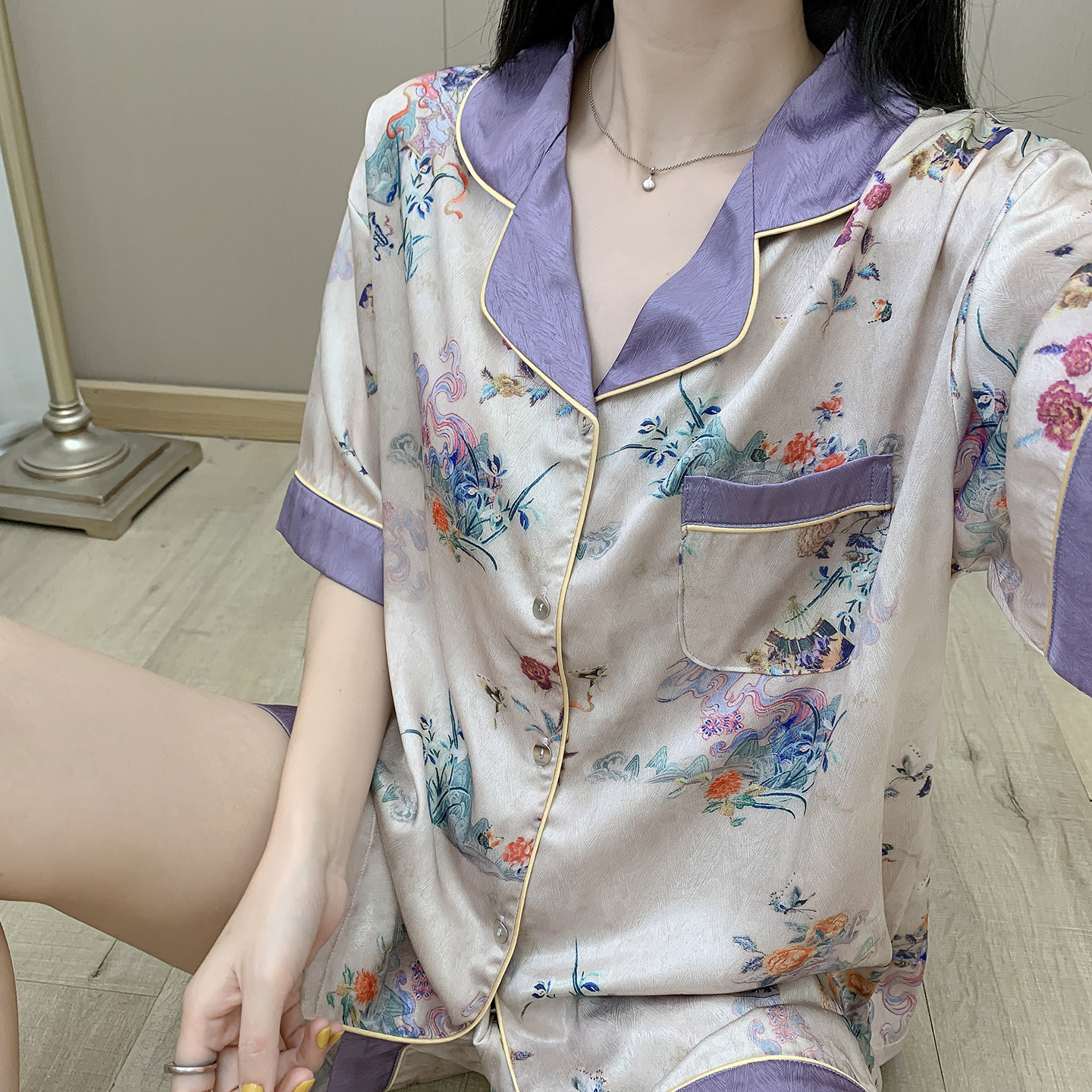 凉感冰丝睡衣女士夏季新款紫色短袖高级感时尚可外穿仿真丝家居服